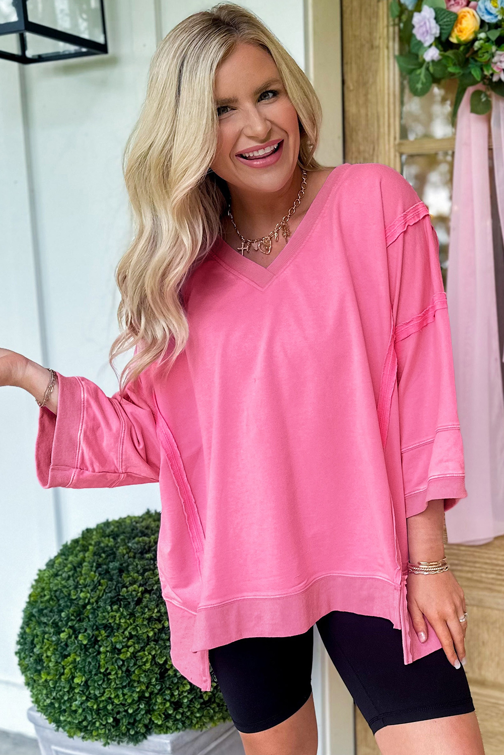 Bonbon Bracelet Sleeve Mineral Washed V Neck T Shirt - loveforevers