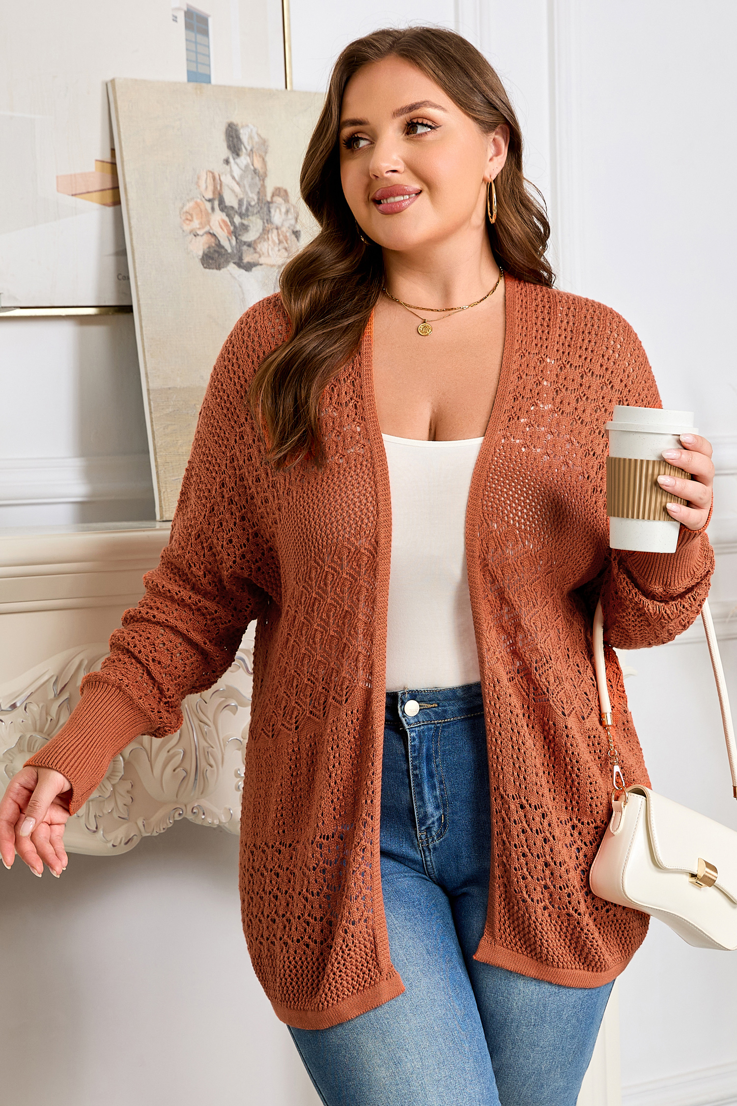 Redwood Burl Mixed Pattern Knitted Open Front Plus Cardigan - loveforevers