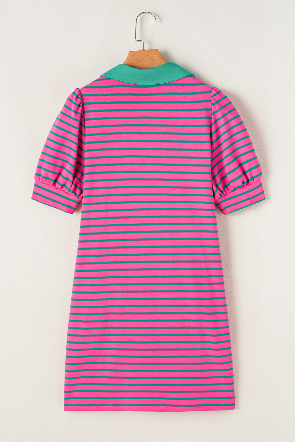 Pink Stripe Collared V Neck Puff Sleeve T Shirt Dress - loveforevers