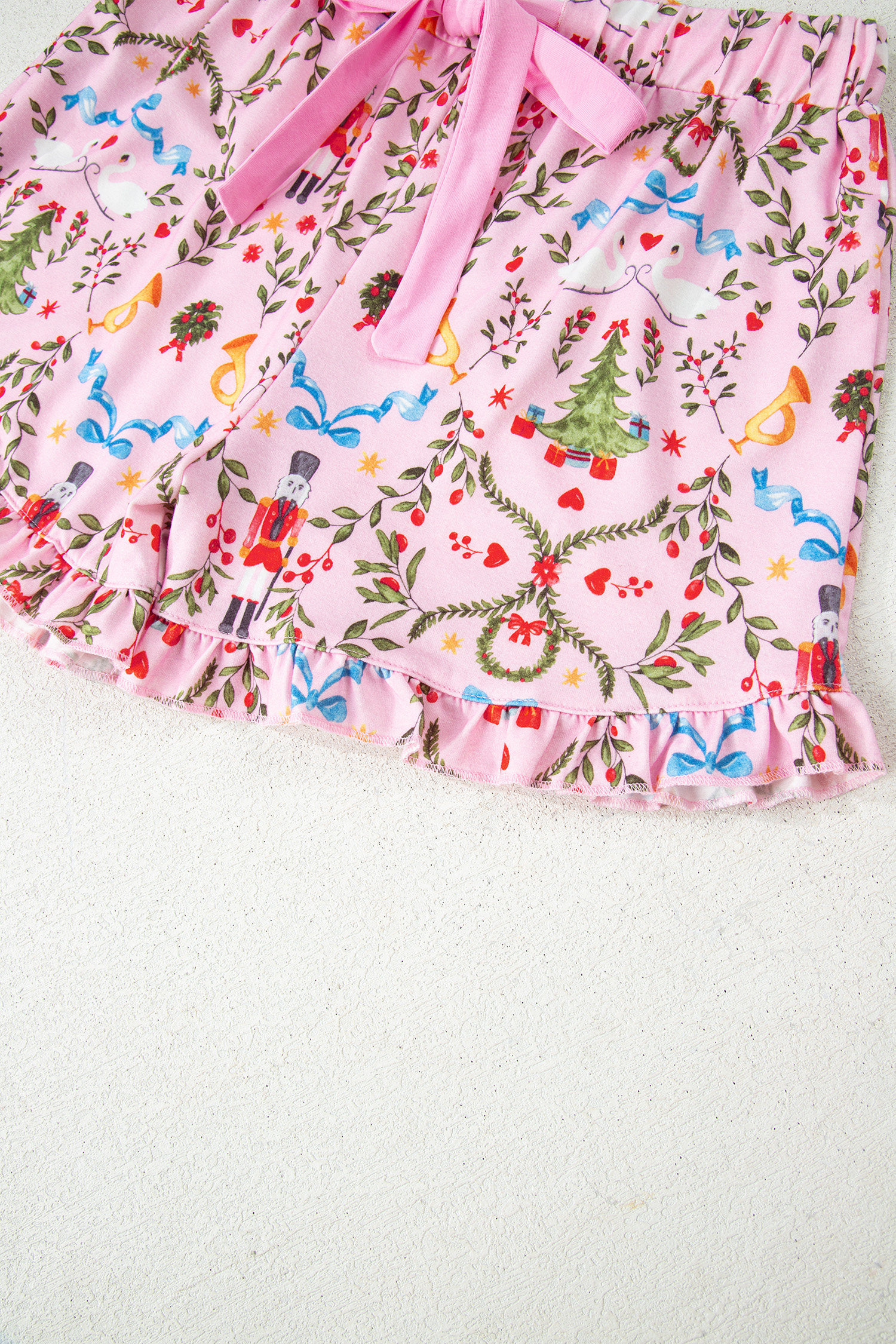Pink Nutcracker Doll Christmas Print Ribbon Tie Waist Short 2pcs Pajama Set - loveforevers
