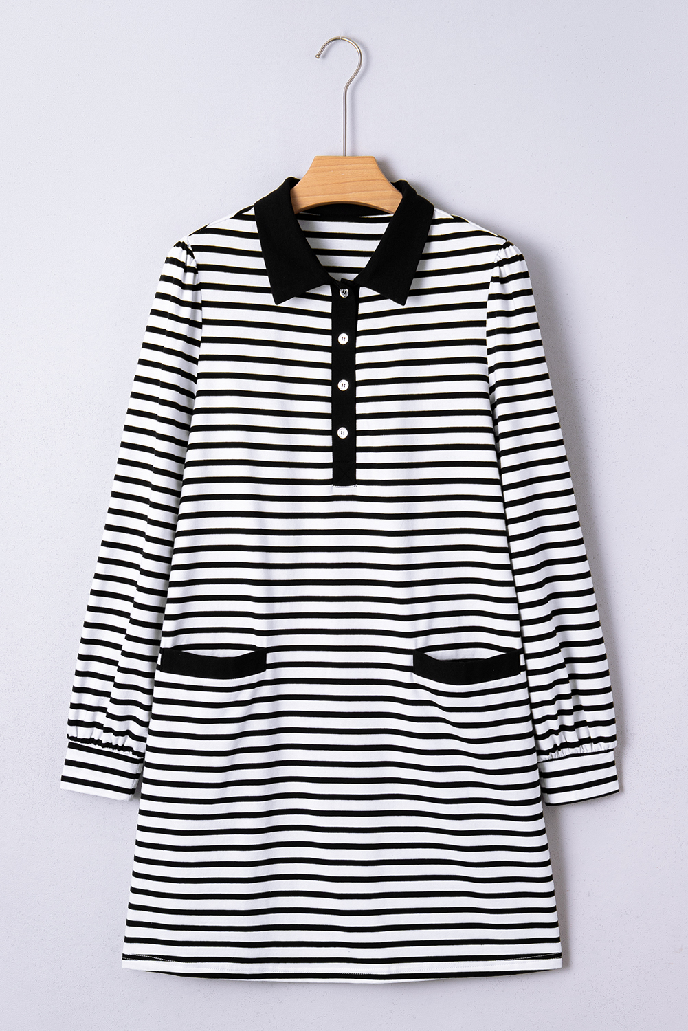 White Stripe Buttoned Front Collared Long Sleeve T Shirt Dress with Pockets - loveforevers