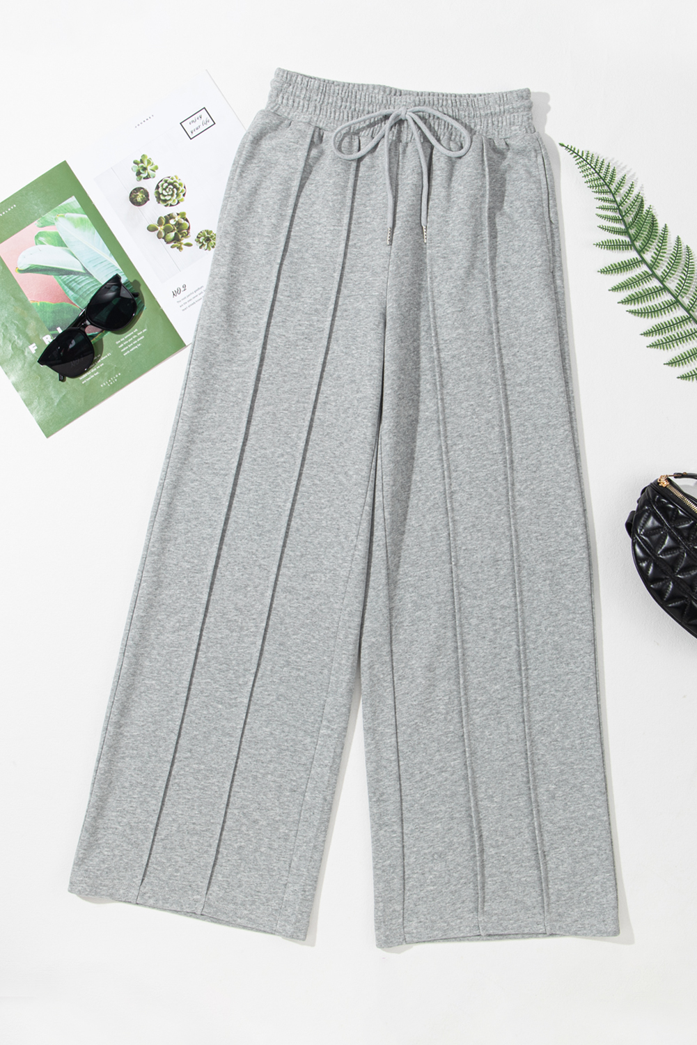 Black Seamed Drawstring High Waist Wide Leg Sweatpants - loveforevers