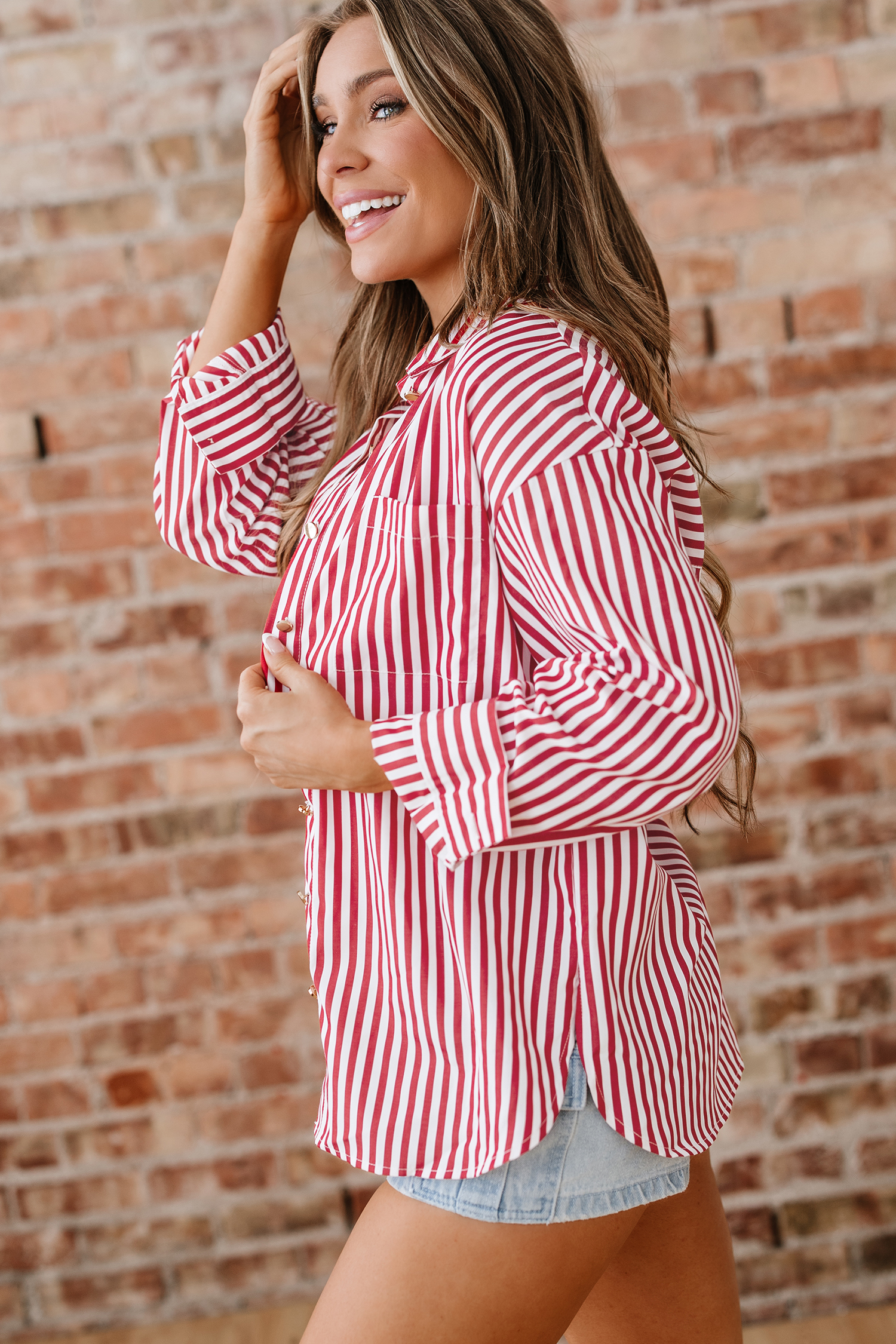Red Stripe Patched Pocket Side Slit Loose Shirt - loveforevers