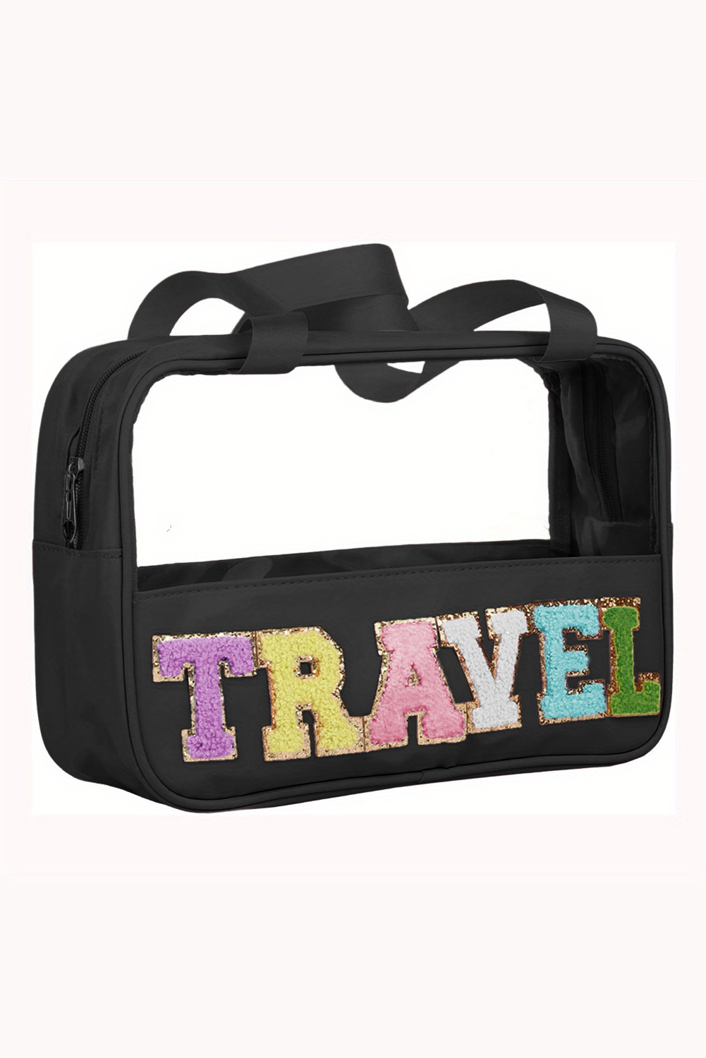 Light Pink TRAVEL Chenille Letter Clear PVC Makeup Bag - loveforevers