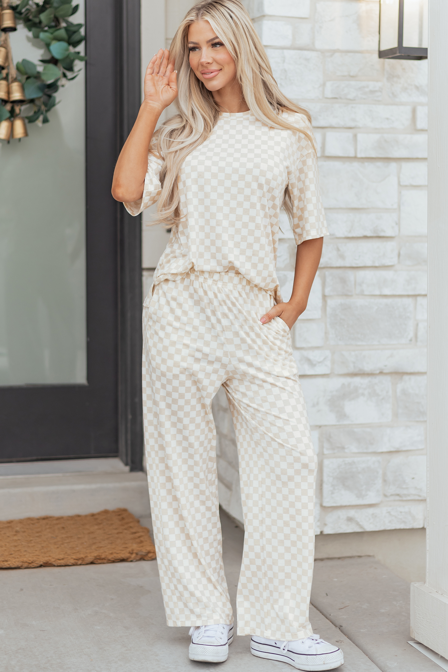 Khaki Checkered Print Half Sleeve Tee 2pcs Lounge Pant Set - loveforevers