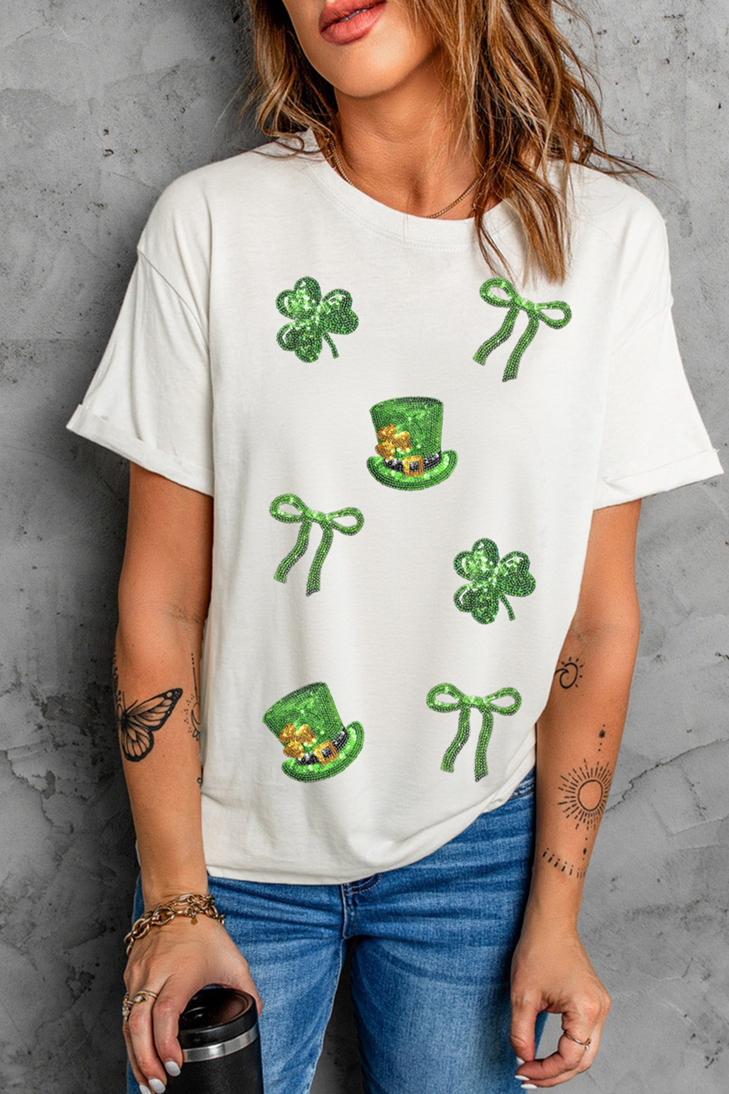 White Coquette St Patricks Day Sequin Graphic T Shirt - loveforevers