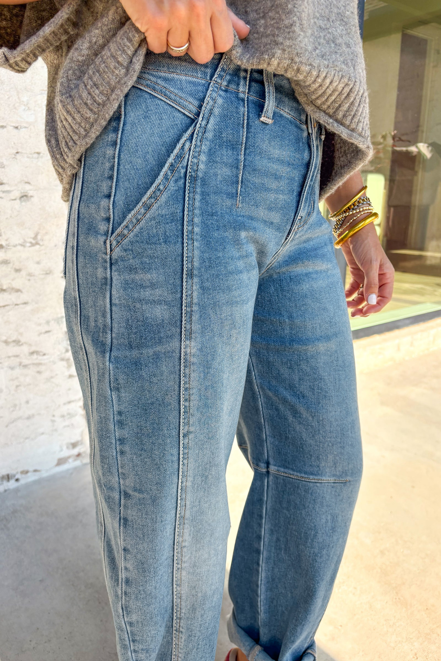 Sky Blue Medium Wash Cuffed Barrel Jeans - loveforevers