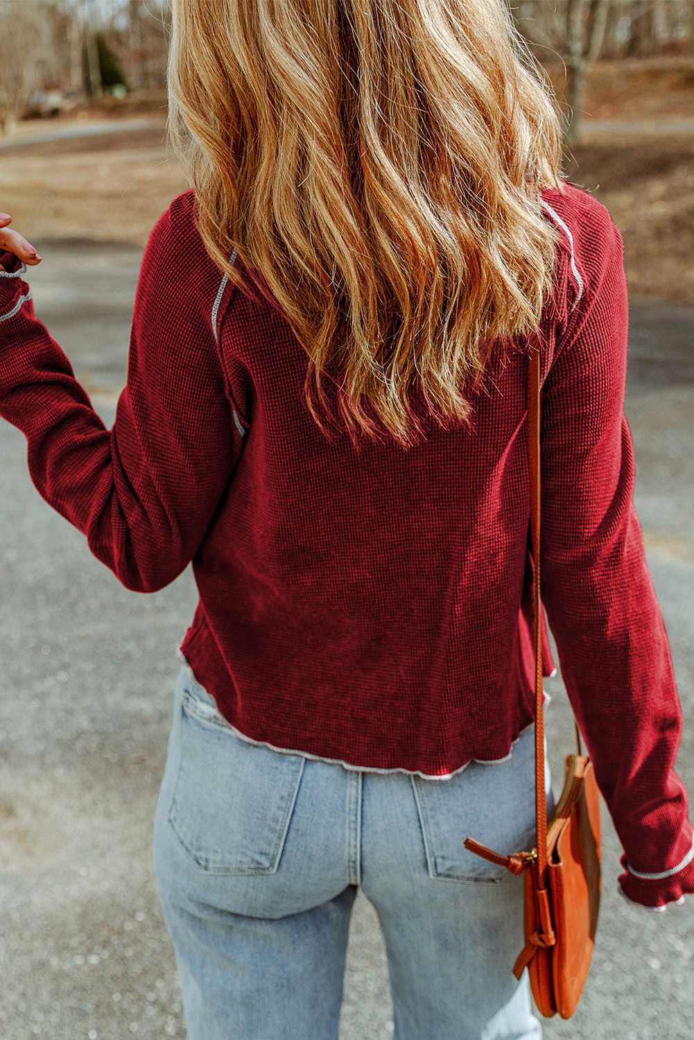 Smoke Gray Textured Round Neck Long Sleeve Top - loveforevers