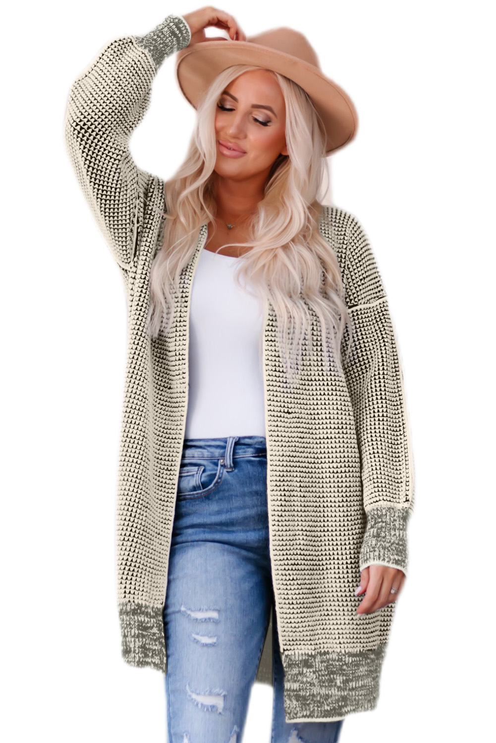 Apricot Plaid Knitted Long Open Front Cardigan - loveforevers
