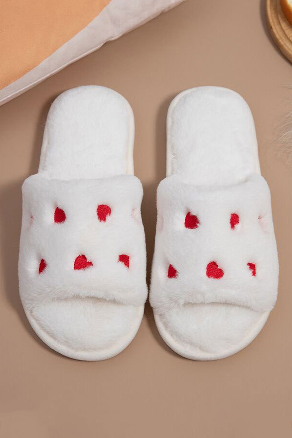 White Valentines Heart Embroidered Fuzzy Winter House Slippers - loveforevers