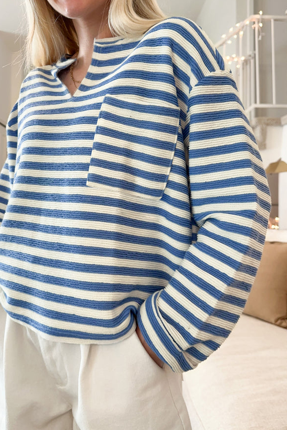 Sky Blue Stripe Chest Pocket Buttoned Back Notched V Neck Top - loveforevers