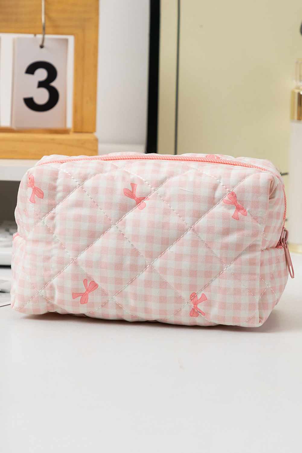 Pink Sweet Bow Knot Print Quilted Zipper Cosmetic Bag - loveforevers
