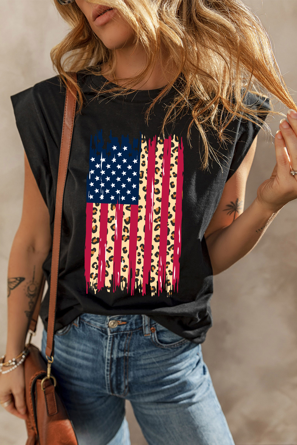 Black Leopard US Flag Printed Sleeveless Cotton Top - loveforevers