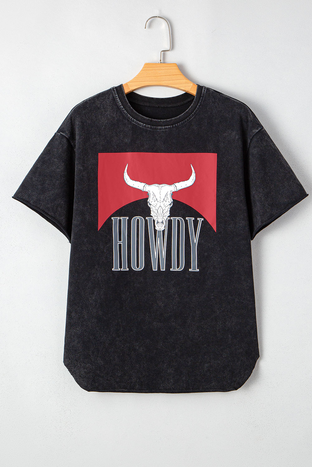 Black Western HOWDY Steer Head Print Side Slits Loose Fit T Shirt - loveforevers