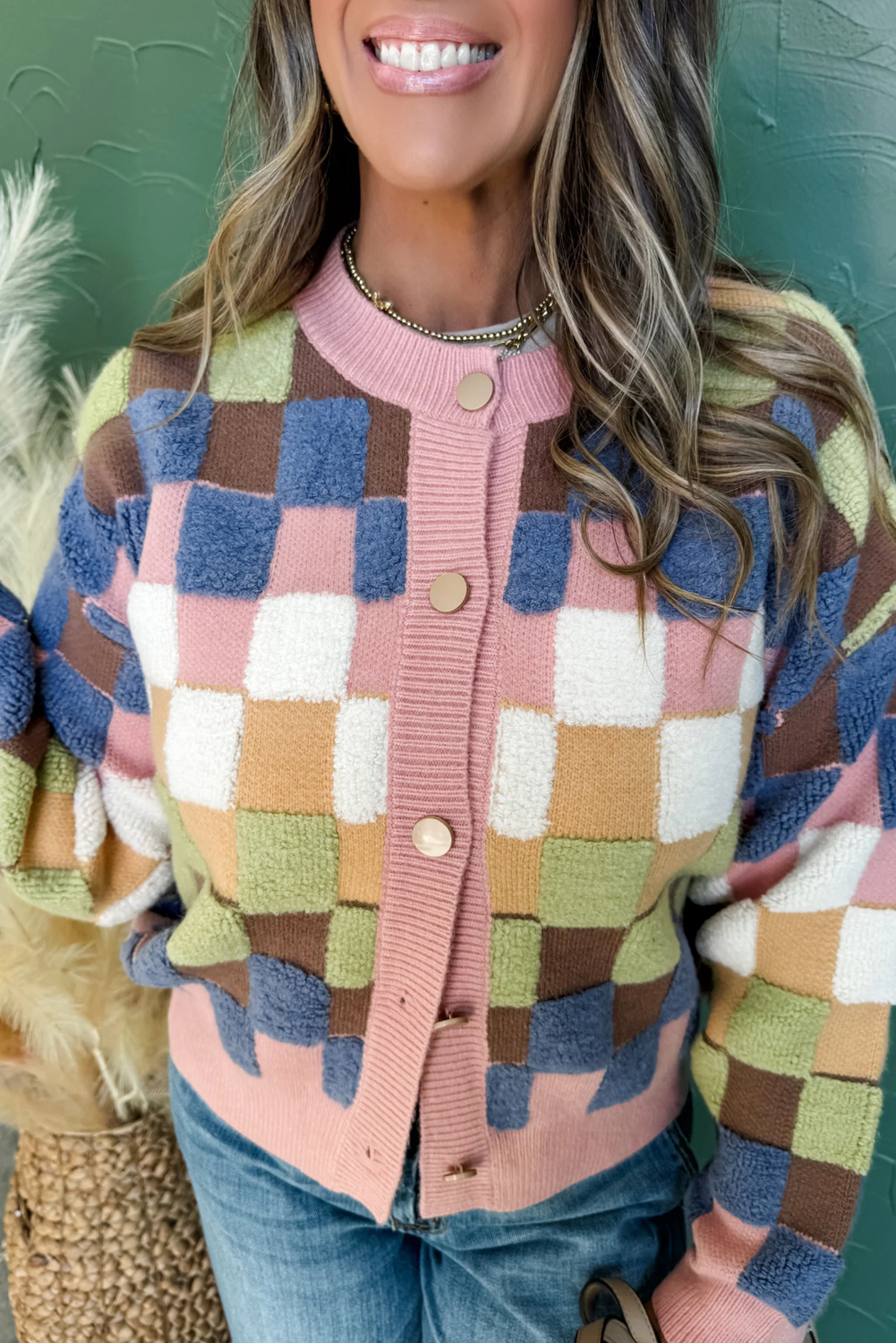 Multicolour Plush Checkered Pattern Button Front Cardigan Sweater - loveforevers