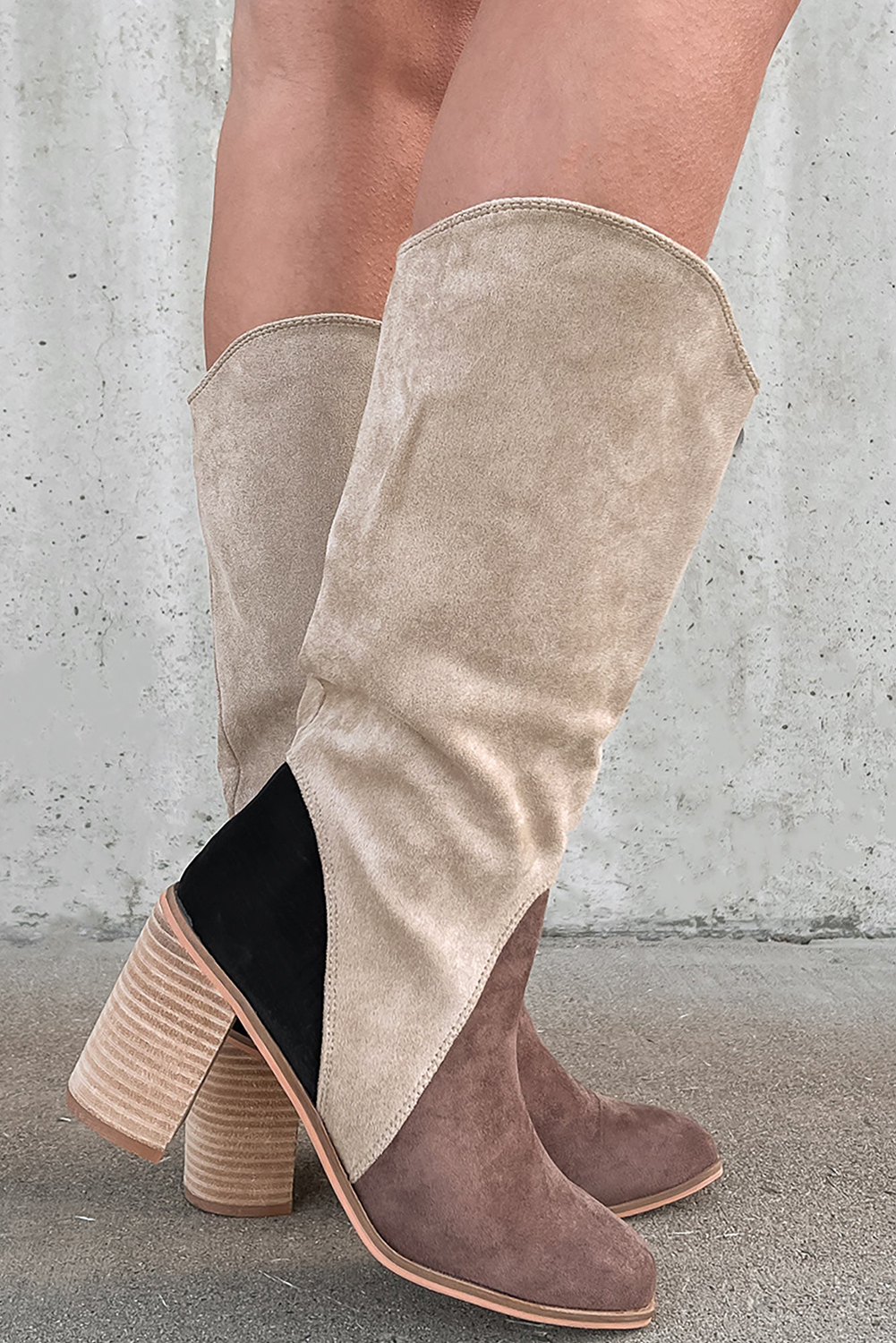 Coffee Suede Calf Length Chunky Heel Boots - loveforevers