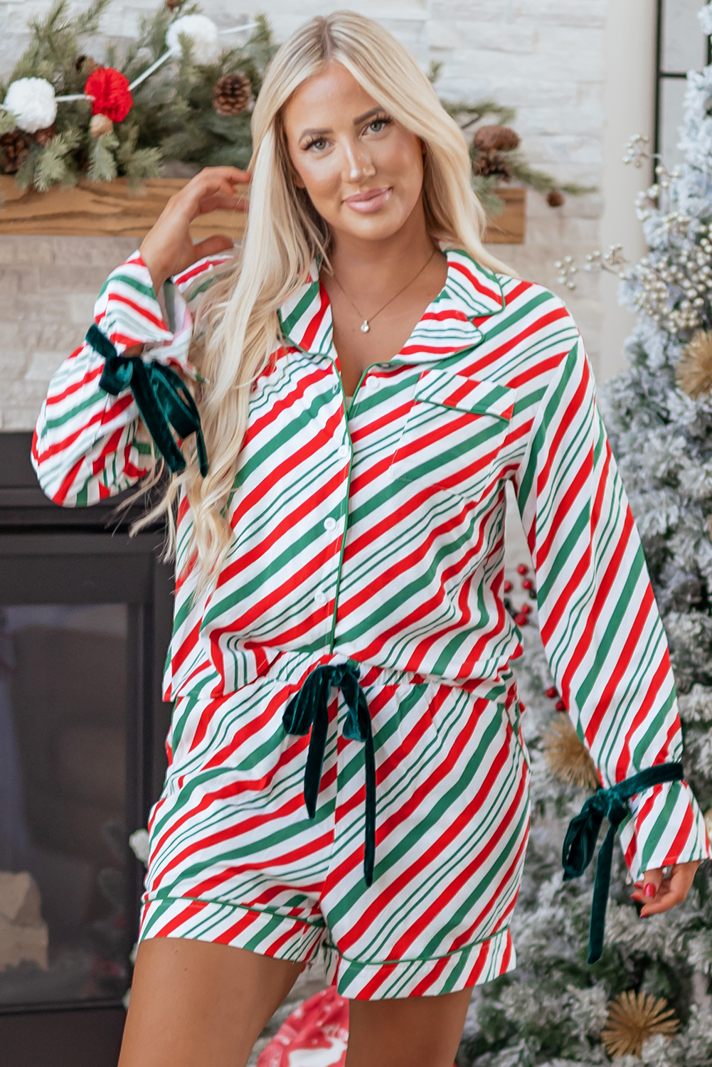Green Stripe Contrast Velvet Ribbon Knot Christmas 2pcs Pajama Set - loveforevers
