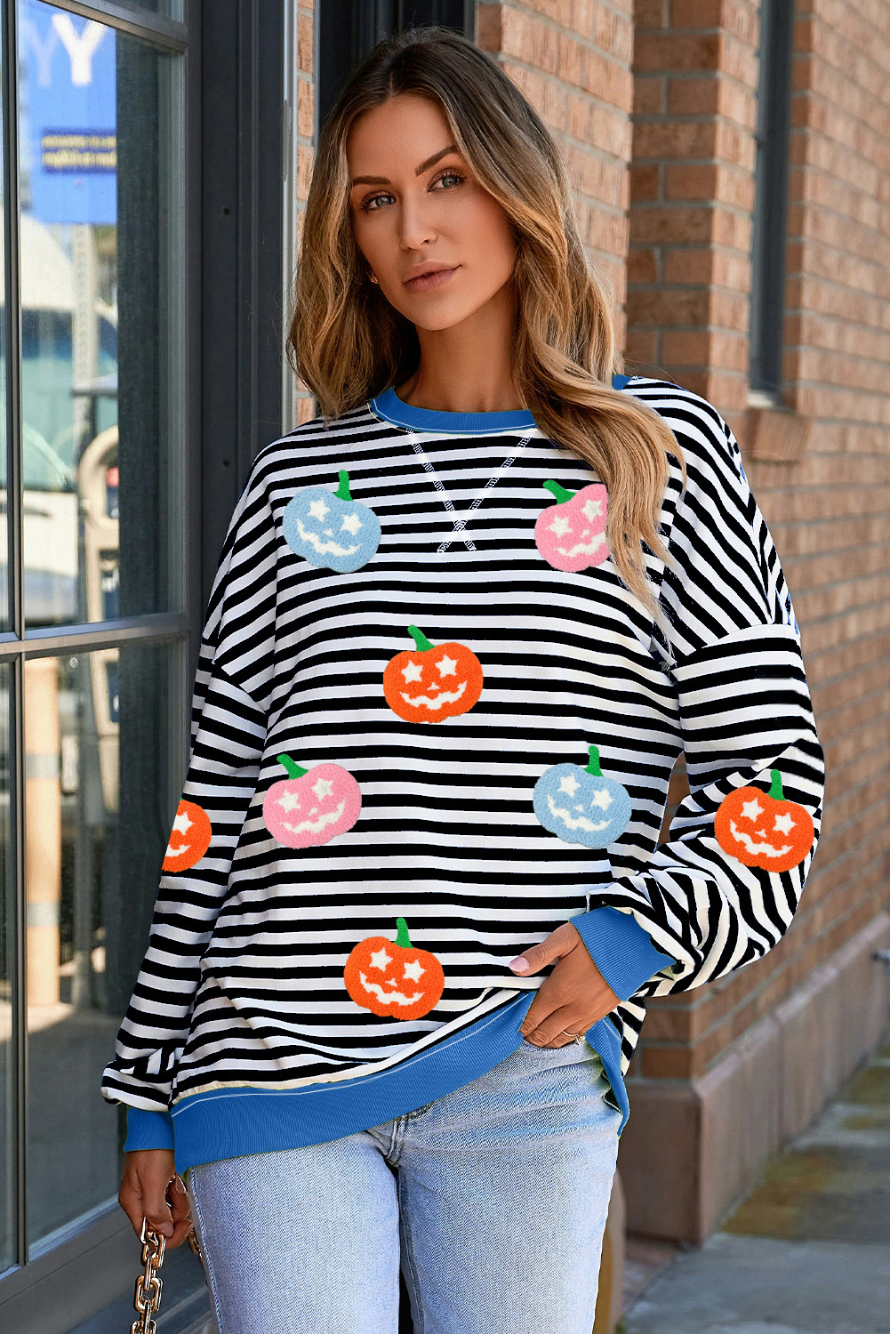 White Stripe Pumpkin Face Patched Pattern Crew Neck Sweatshirt - loveforevers