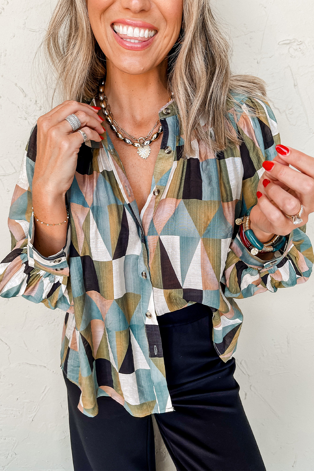 Green Geometric Print Buttoned Balloon Sleeve Loose Fit Shirt - loveforevers