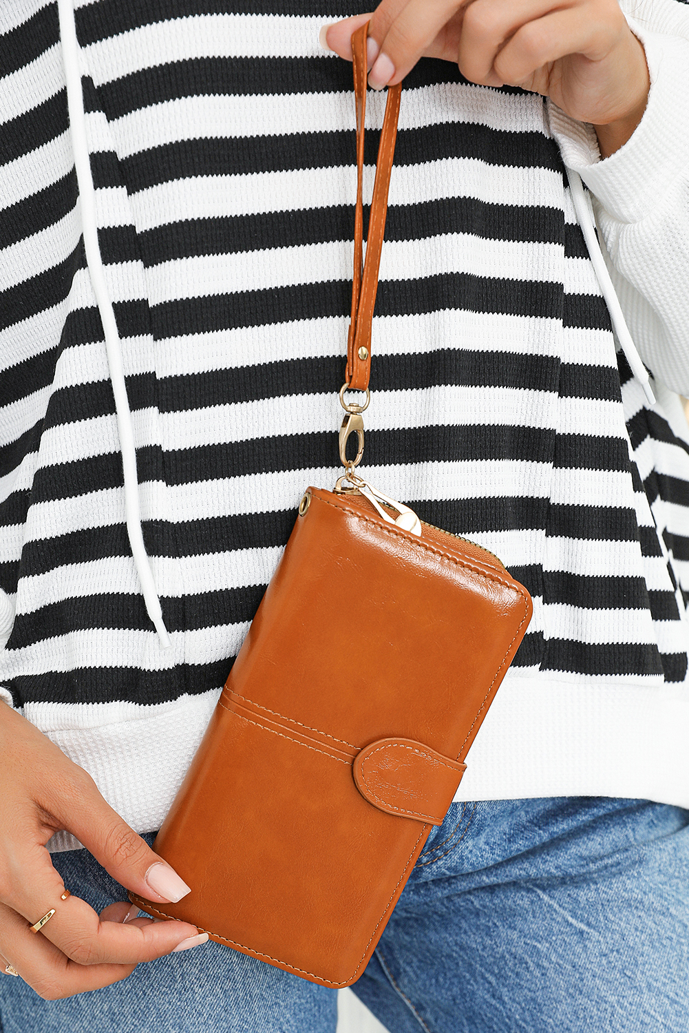 Cinnamon Faux Leather Zip Around Wrist Strap Long Wallet - loveforevers
