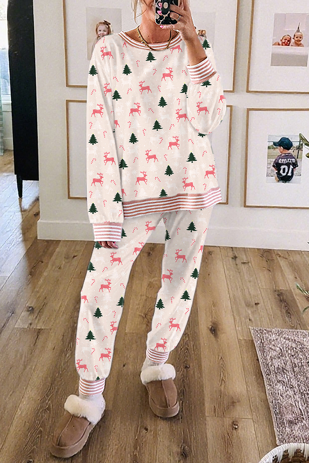Pink Bow Christmas Tree Print Contrast Striped Banding 2pcs Lounge Set - loveforevers