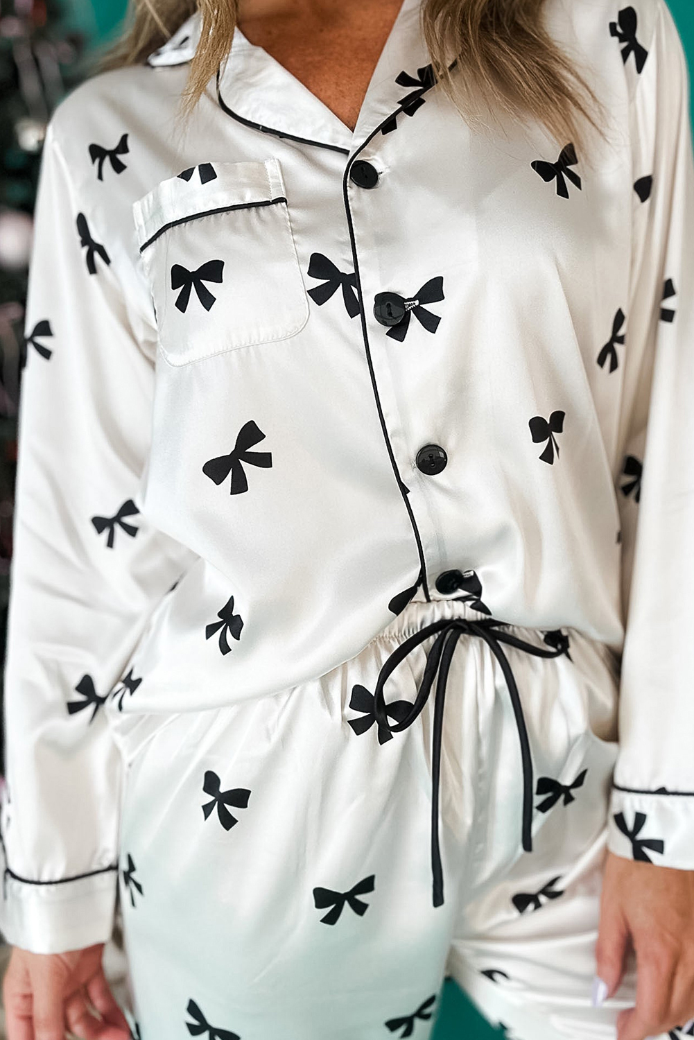 White Bows Print Two Piece Sleepwear - loveforevers