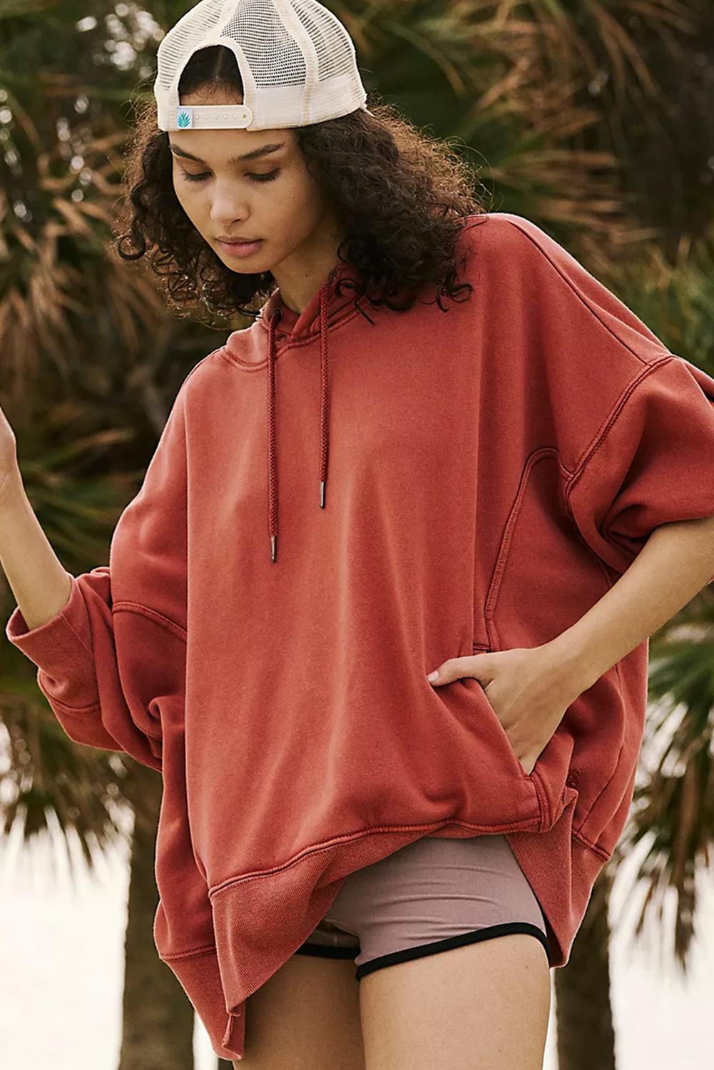 Red Clay Drop Shoulder Pocketed Baggy Drawstring Hoodie - loveforevers