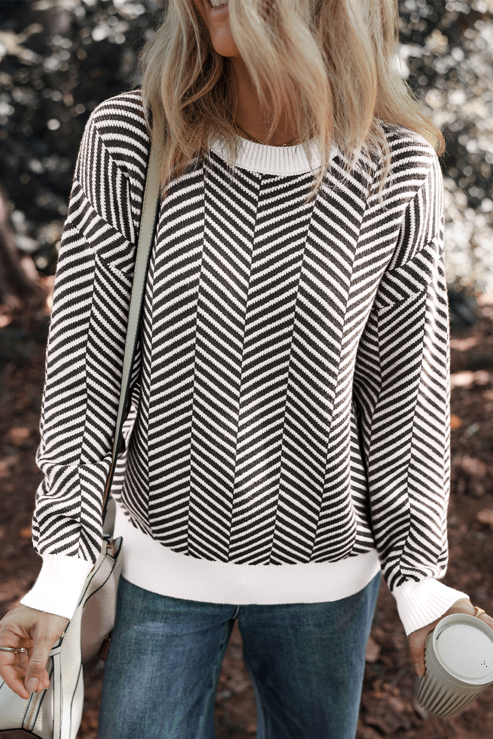 Coffee Contrast Edge Crew Neck Drop Shoulder Sweater - loveforevers