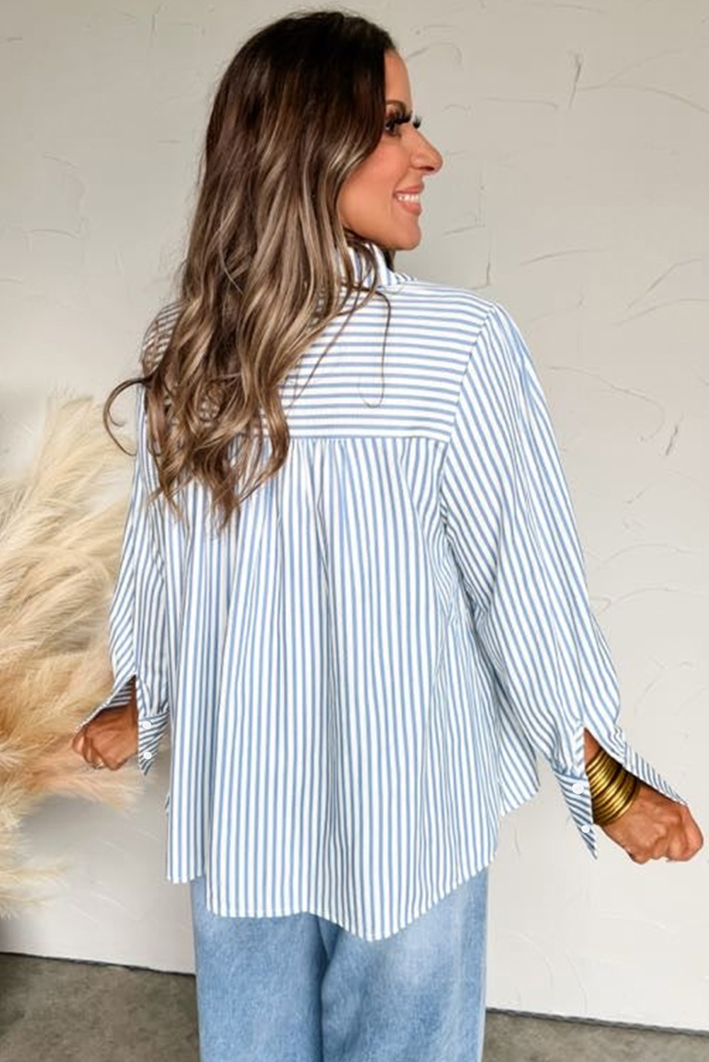Sky Blue Stripe Shirred Detail Half Placket Collared Long Sleeve Fall Shirt - loveforevers