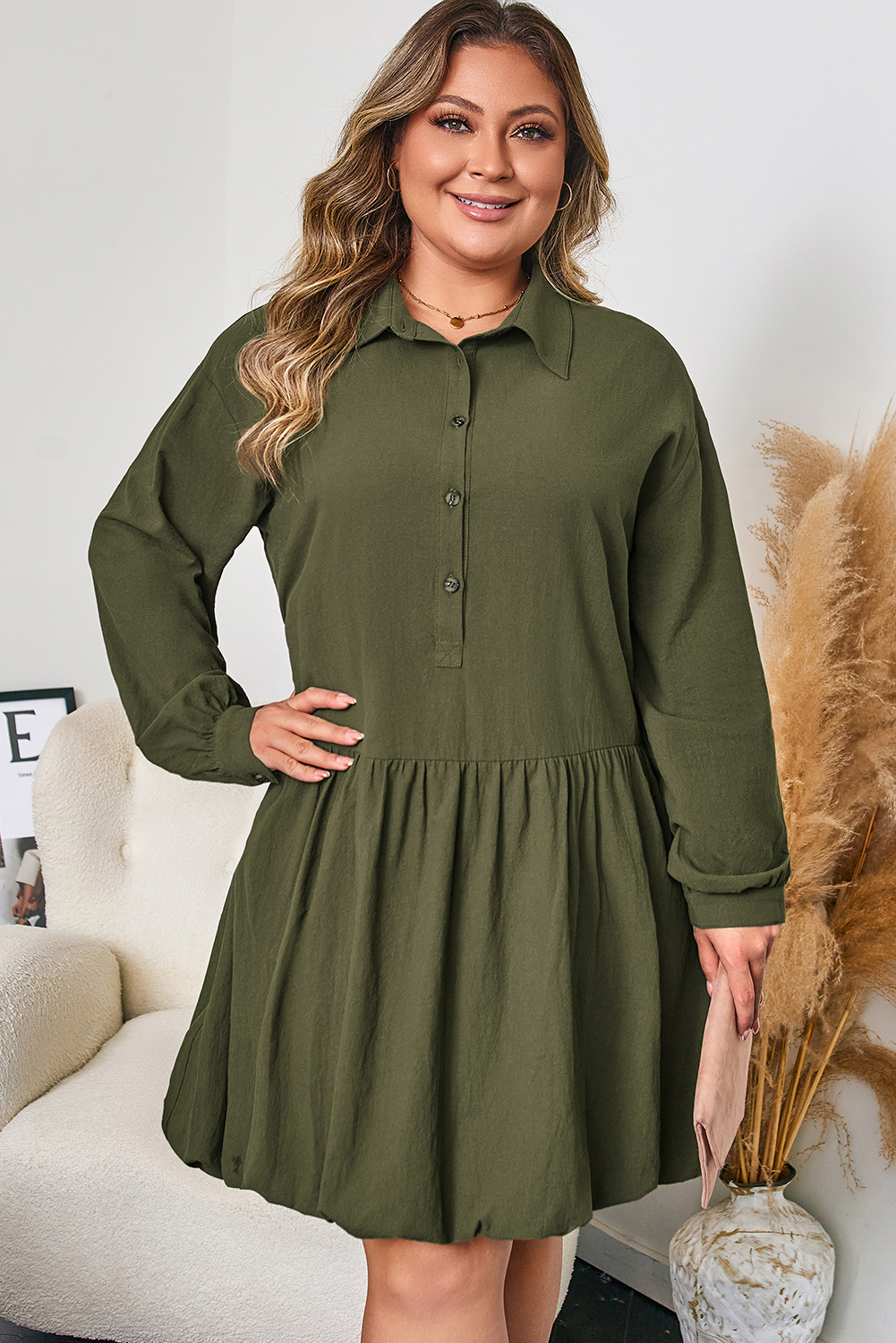 Four Leaf Clover Plus Size Collar Half Button Long Sleeve Ruffle Hem Mini Dress - loveforevers