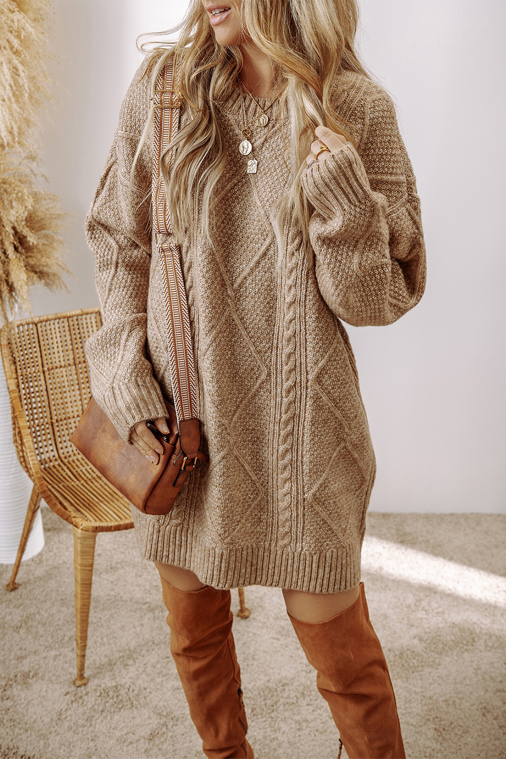 Parchment Cable Knit Drop Shoulder Loose Fit Sweater Dress - loveforevers