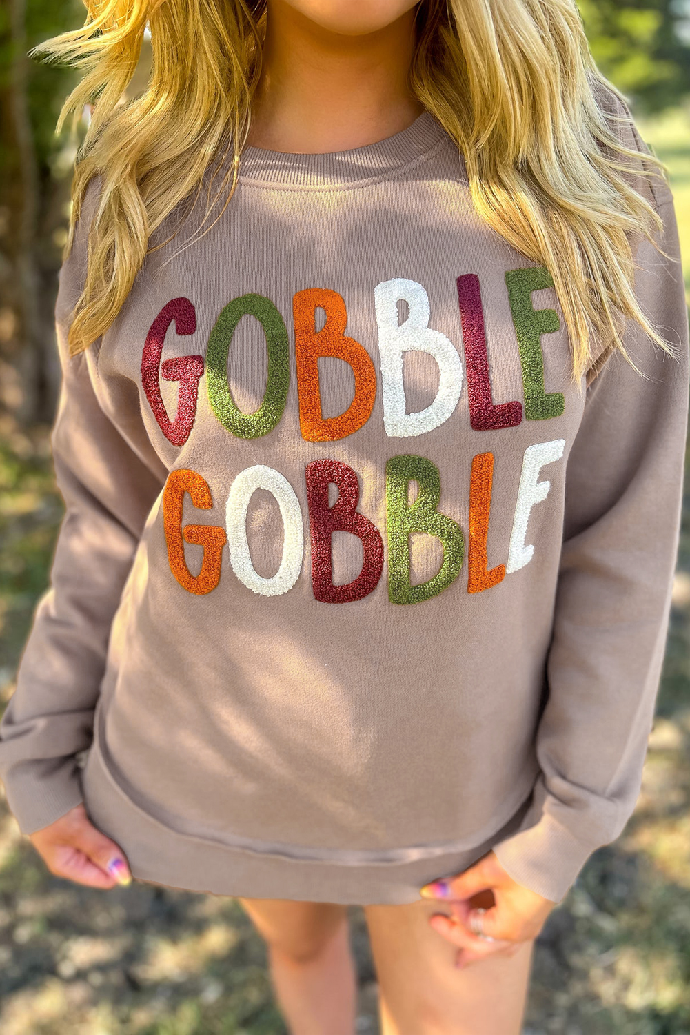 Dark Khaki GOBBLE Letter Graphic Thanksgiving Shift Sweatshirt - loveforevers