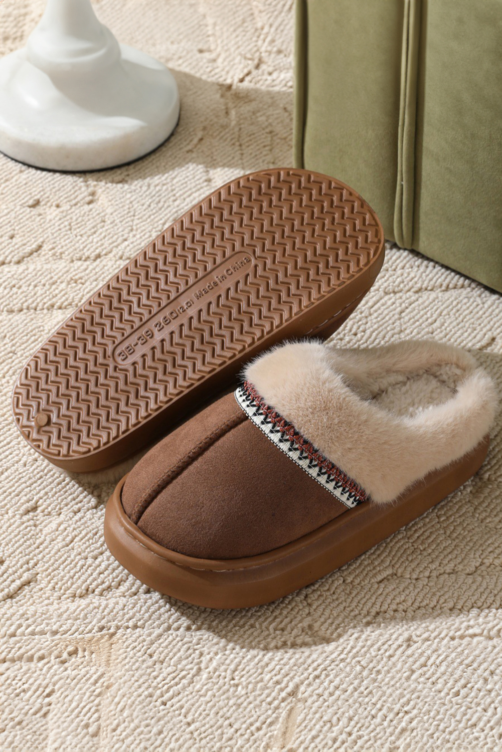 Coffee Western Woven Detail Faux Suede Furry Home Slippers - loveforevers