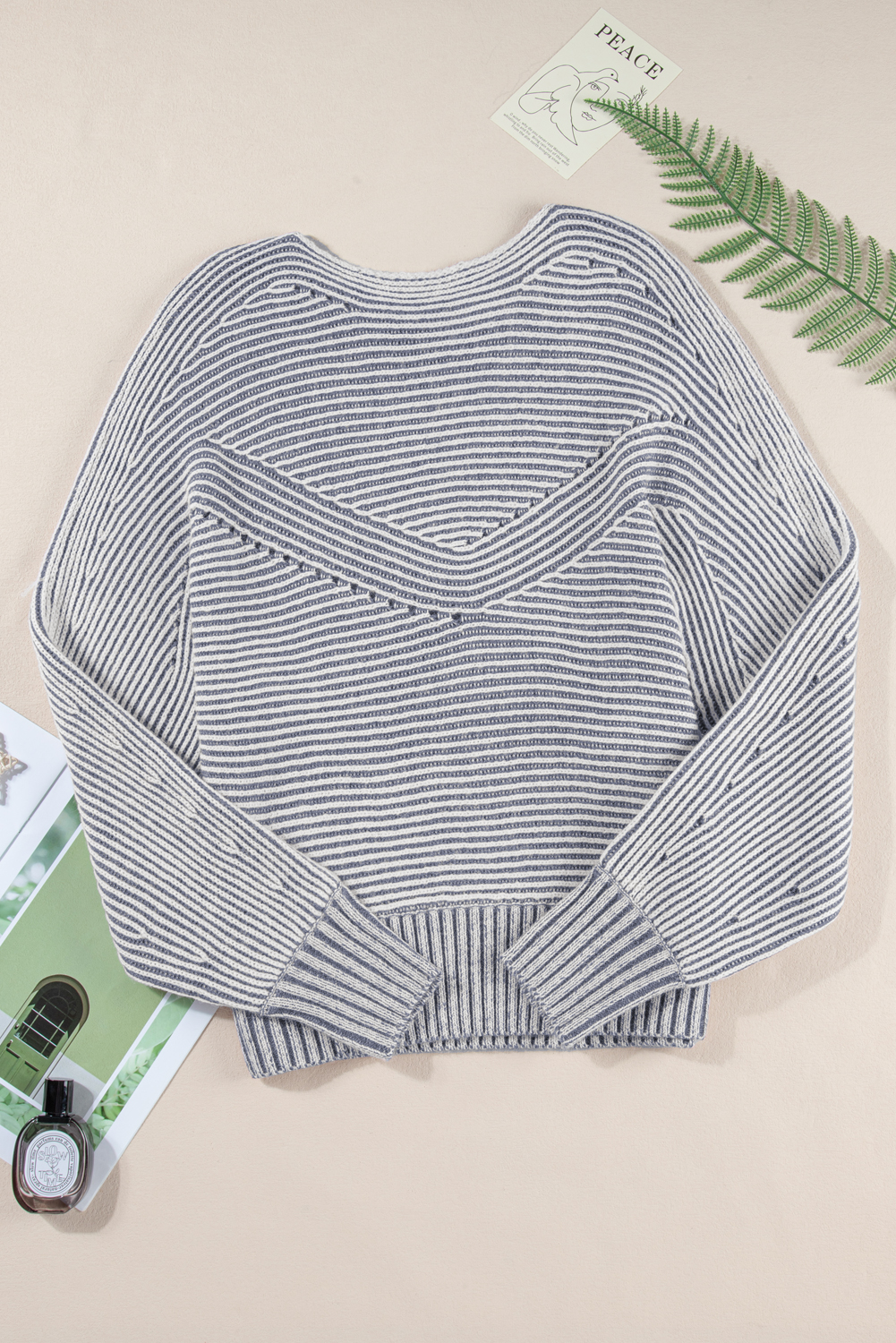 Coffee Striped Print Ribbed Knit Boat Neck Baggy Sweater - loveforevers