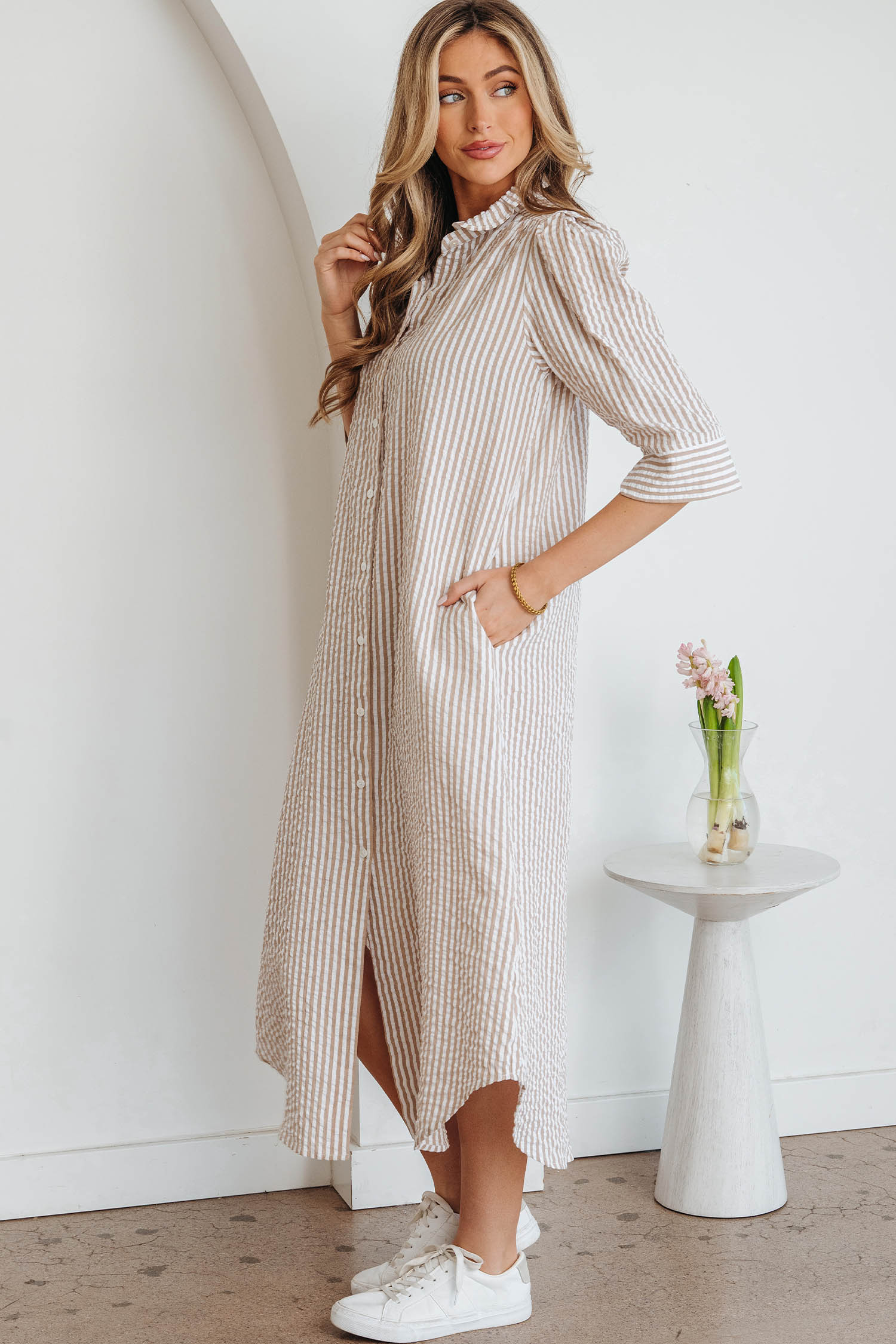 Khaki Stripe Frilled Collar Half Sleeve Shirt Maxi Dress - loveforevers