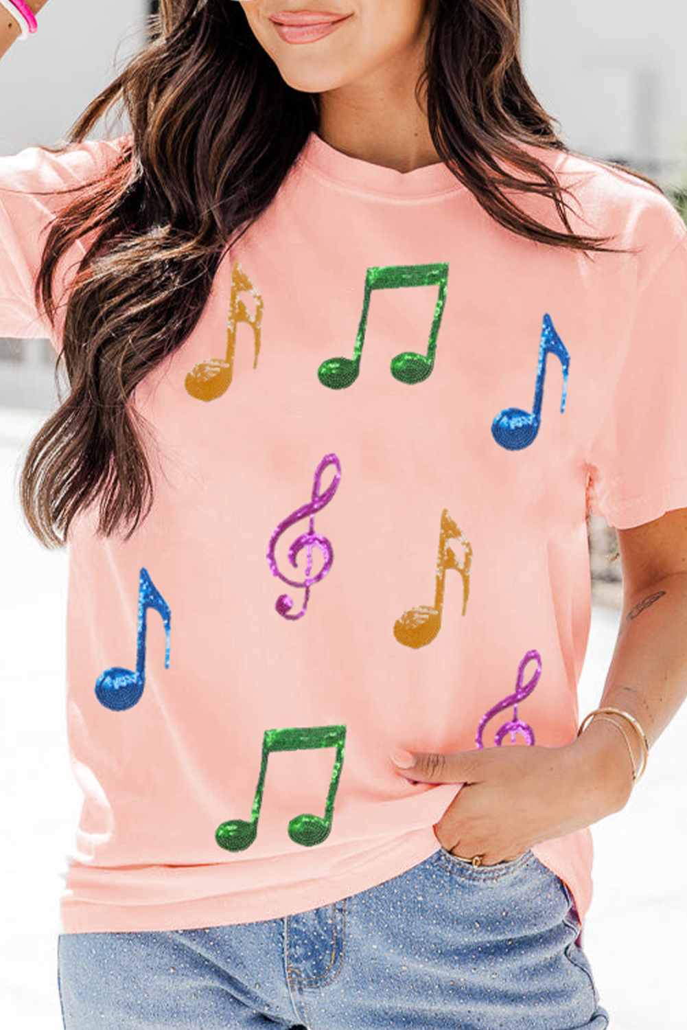Pink Music Notes Patched Graphic Casual T Shirt - loveforevers