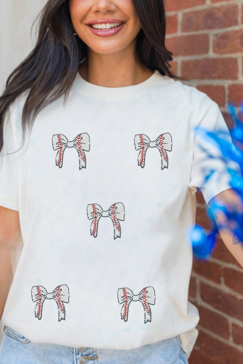 Black Glitter Baseball Bow Patched Cotton Blend T Shirt - loveforevers