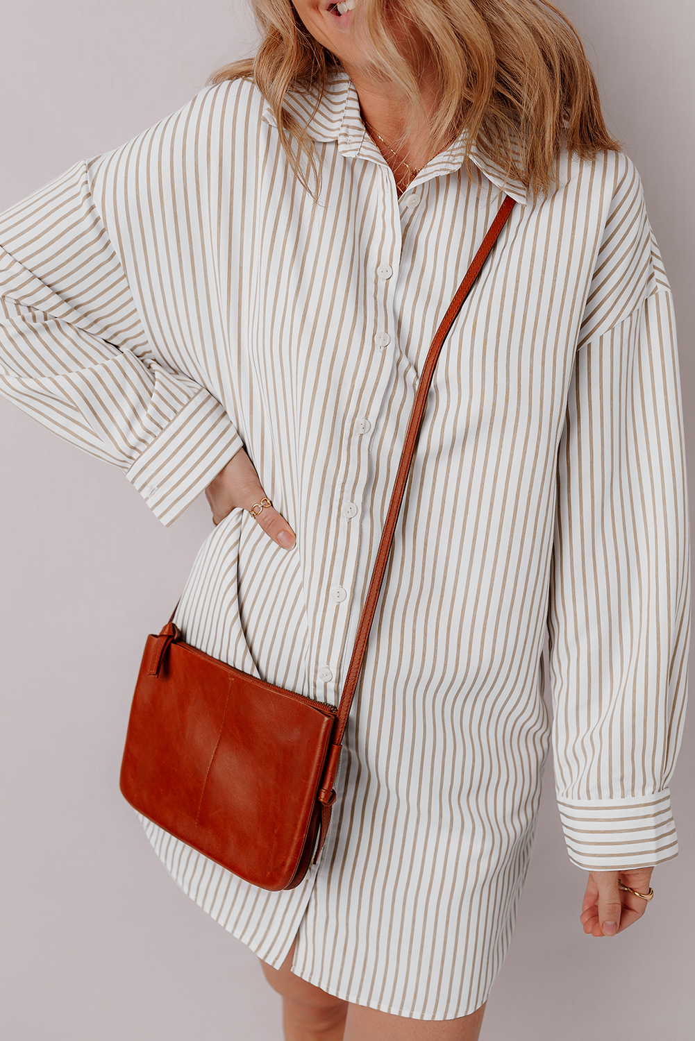 Khaki Stripe Long Sleeve Button Up Mini Shirt Dress - loveforevers