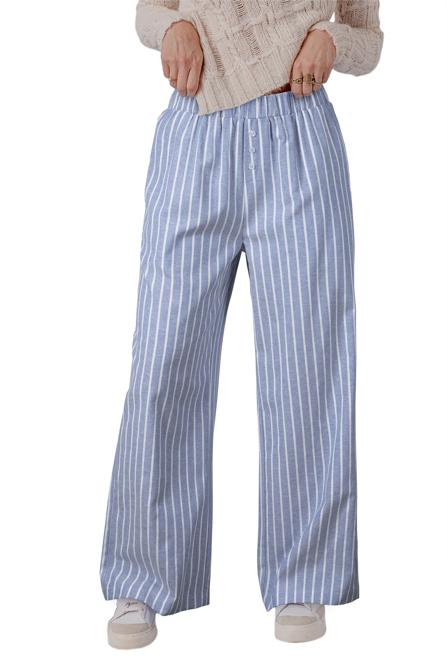 Sky Blue Stripe Buttoned Detail Loose Casual Pants - loveforevers