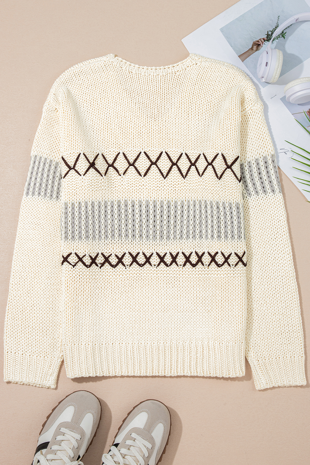 Parchment Contrast Stitch Detail V Neck Drop Shoulder Sweater - loveforevers