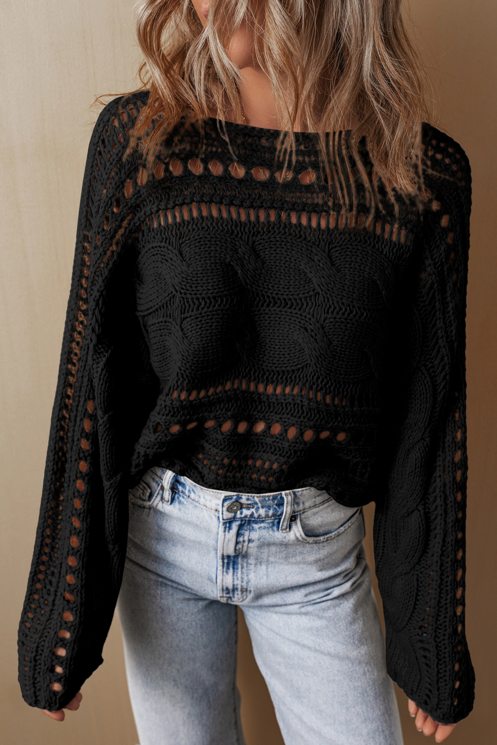 Blackish Green Hollow-out Cable Knit Cropped Sweater - loveforevers