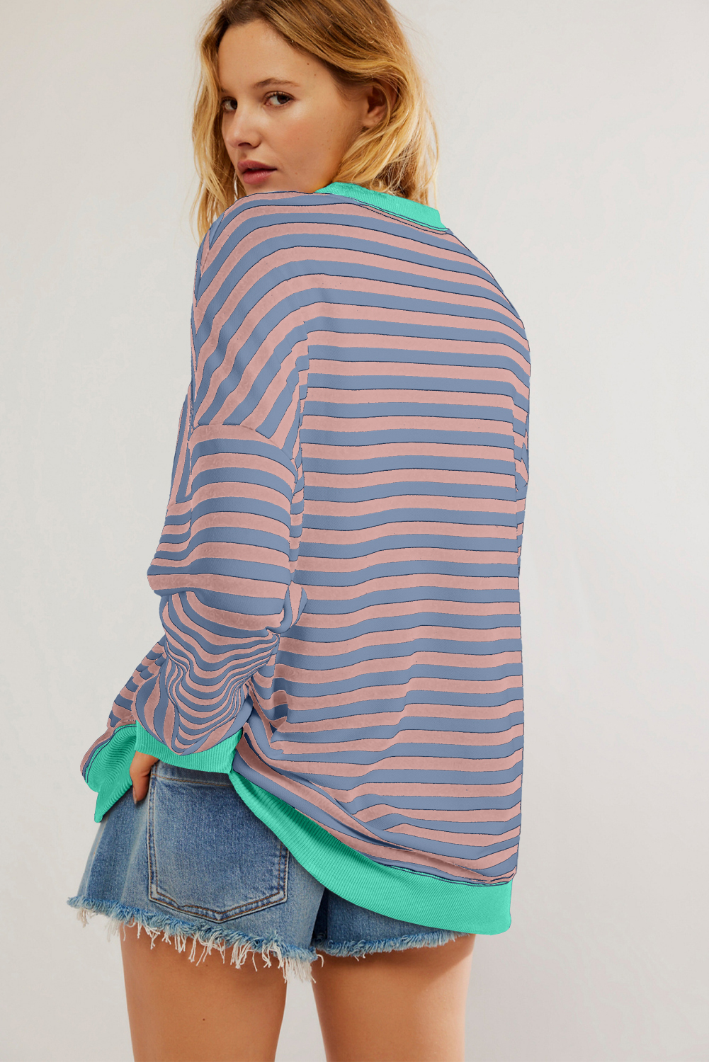 Red Stripe Contrast Ribbed Trim Crossed Stitch Drop Shoulder Sweatshirt - loveforevers