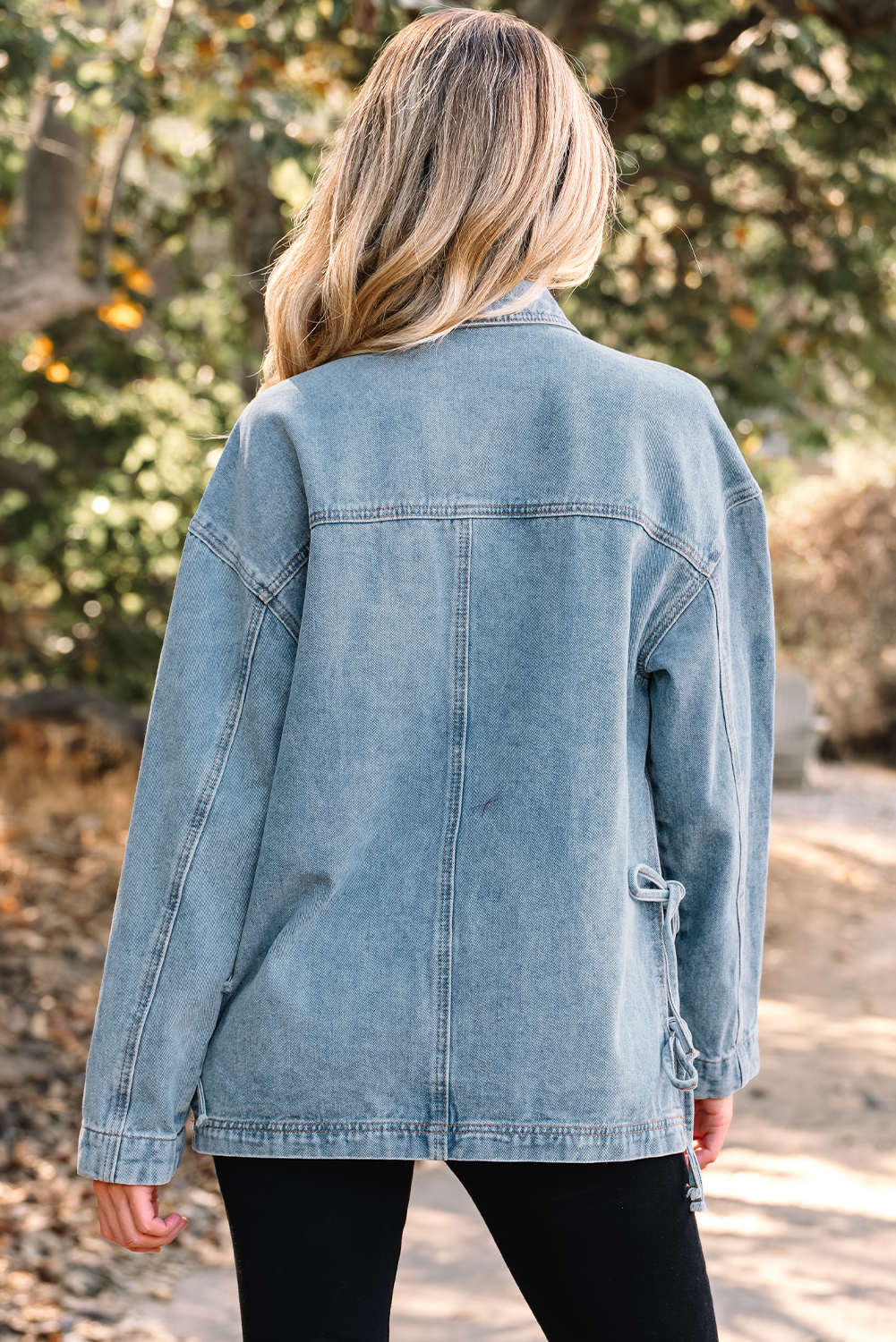 Beau Blue Multi Patched Pockets Side Tie up Boyfriend Style Denim Jacket - loveforevers