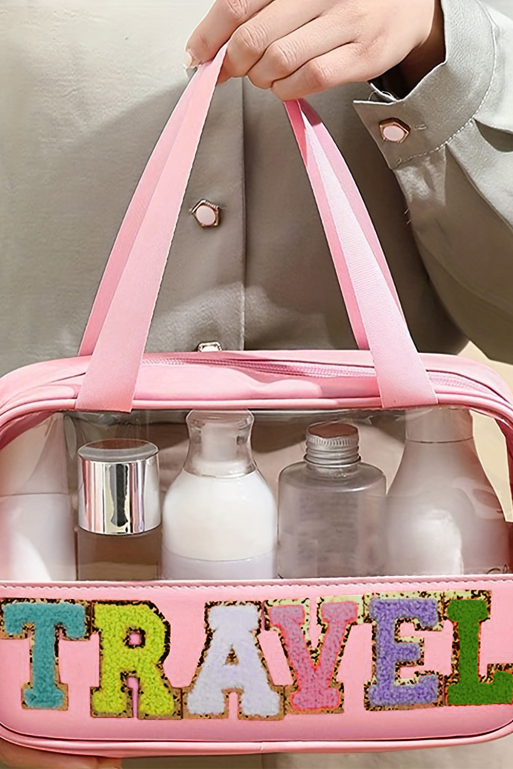 Light Pink TRAVEL Chenille Letter Clear PVC Makeup Bag - loveforevers