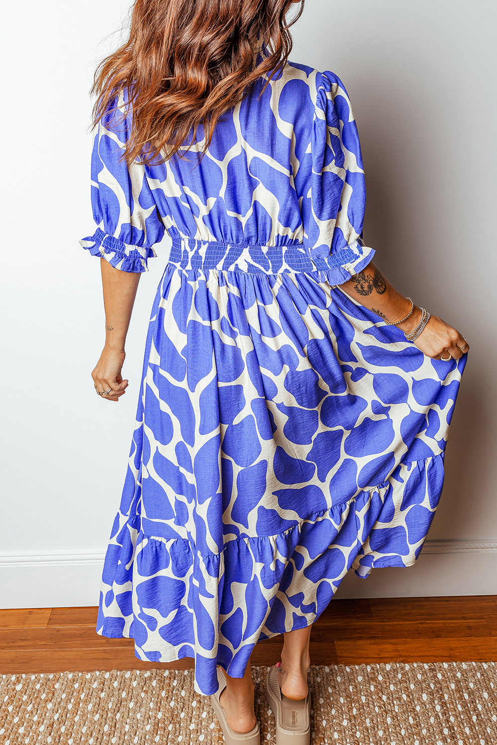 Sky Blue Abstract Print Smocked Waist Puff Half Sleeve Maxi Dress - loveforevers