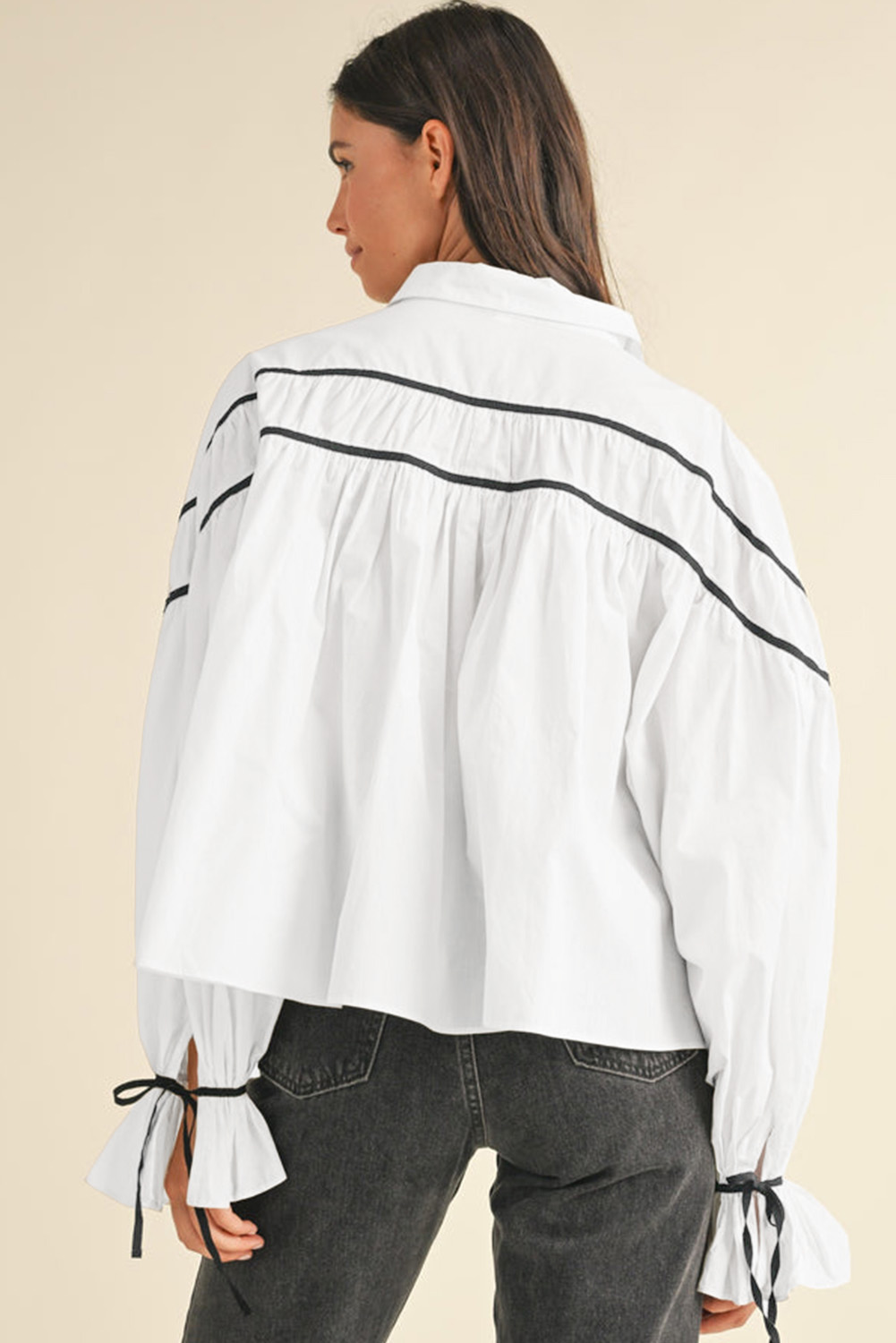 White Black Pipping Ribbon Bowtie Collared Ruffled Puff Sleeve Shirt - loveforevers