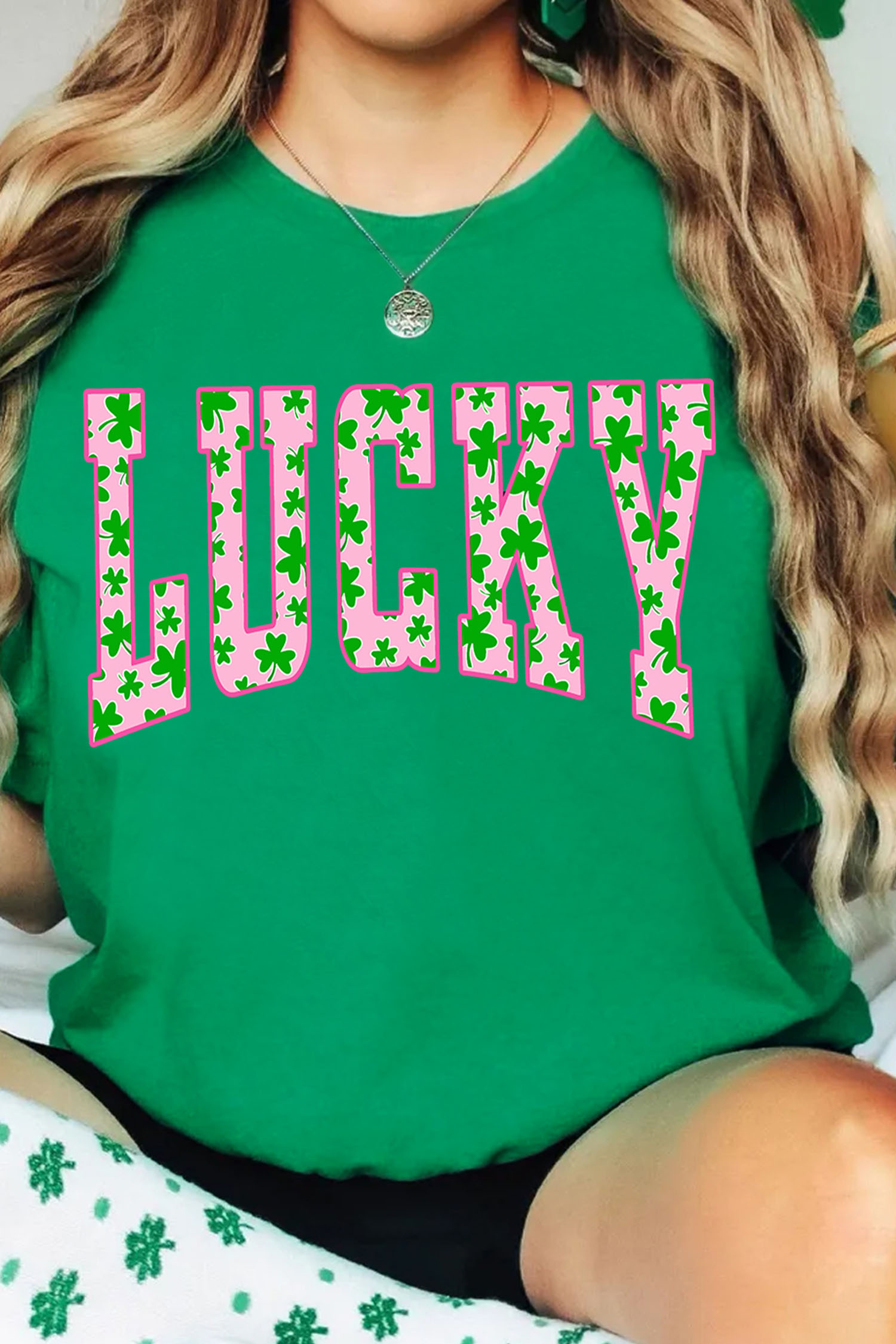 Bright Green LUCKY Clover Letter Printed Crew Neck T Shirt - loveforevers