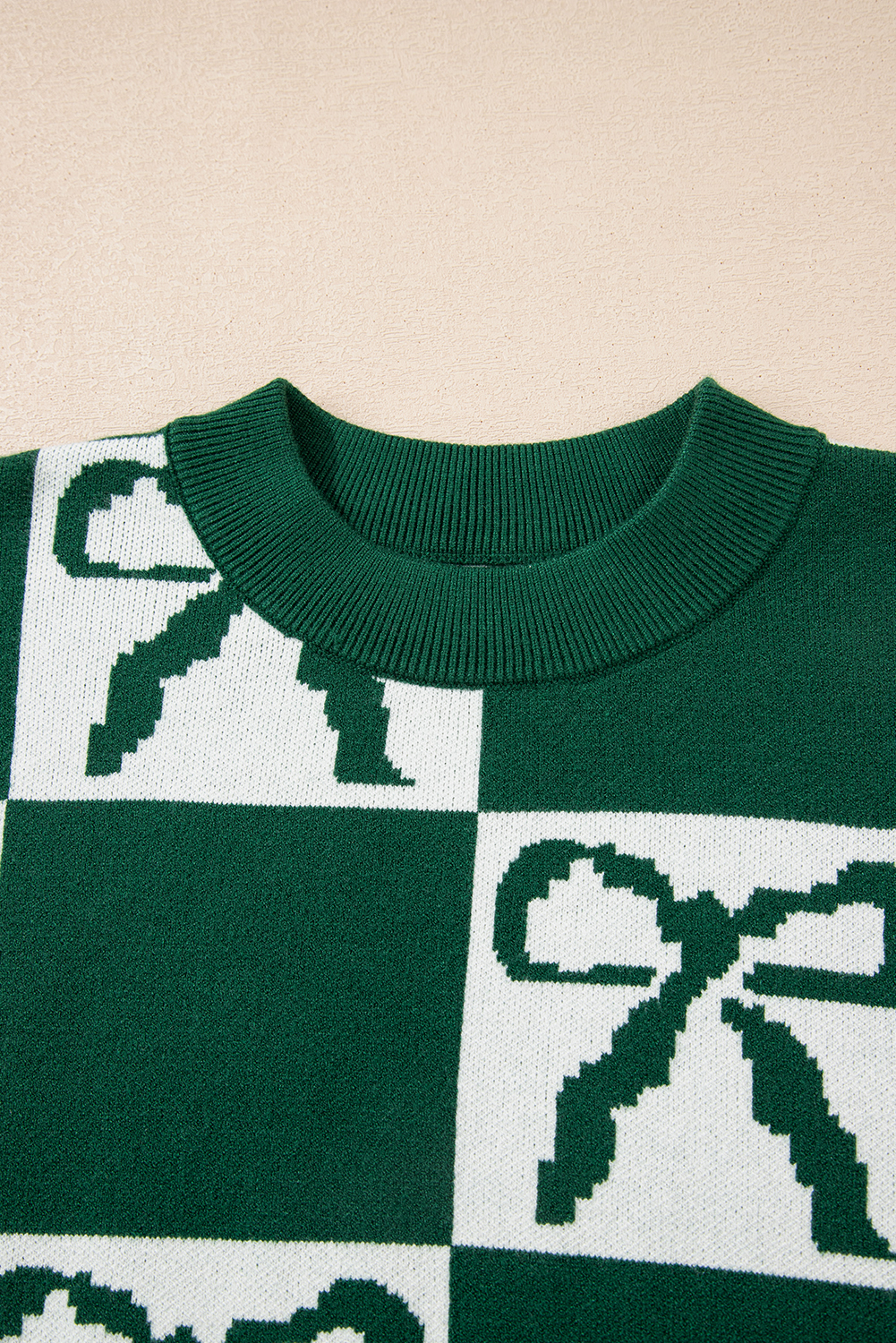 Blackish Green Checkered Bow Print Casual Sweater - loveforevers