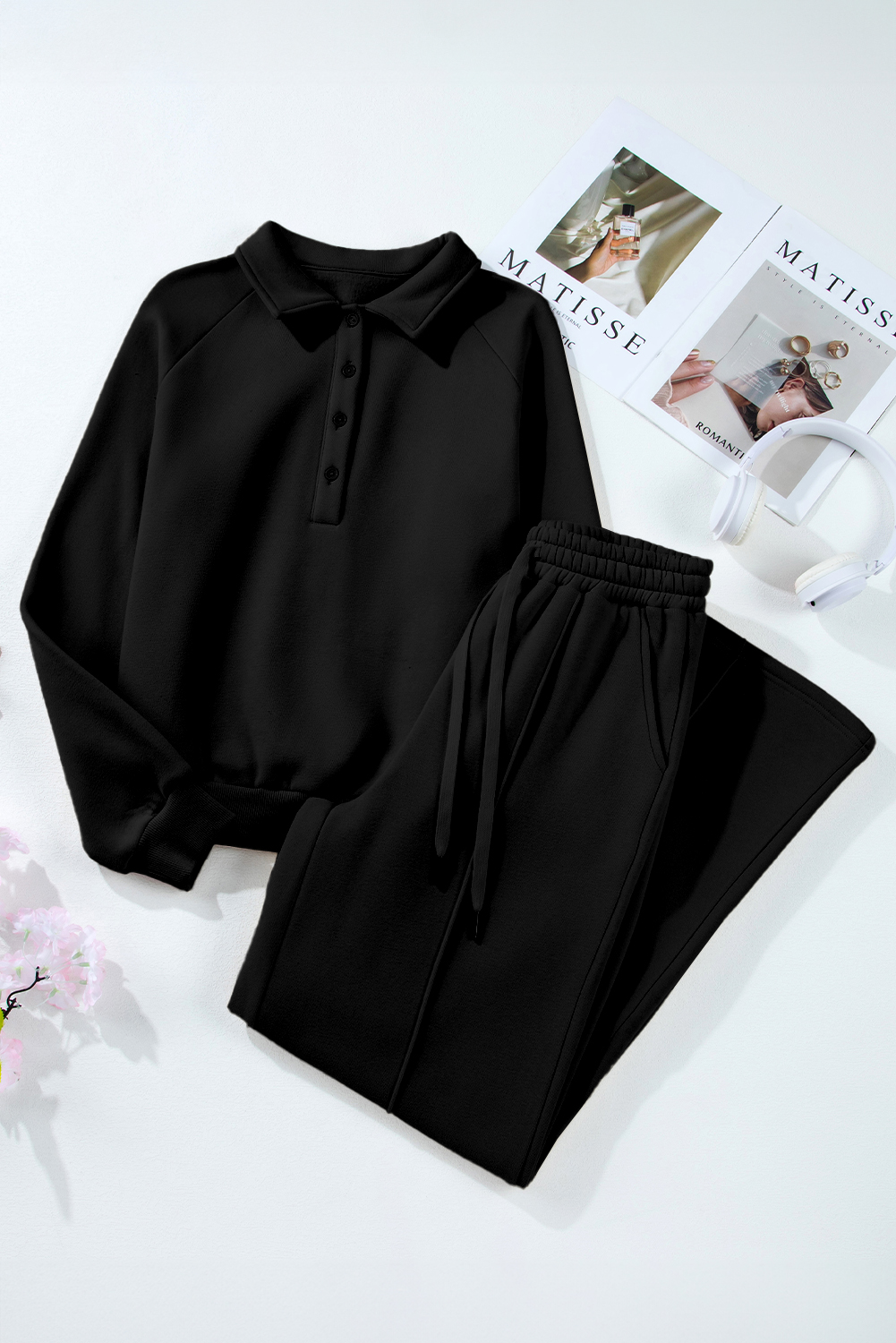 Dark Brown Solid Collared Sweatshirt and High Waist Pants Active Set - loveforevers