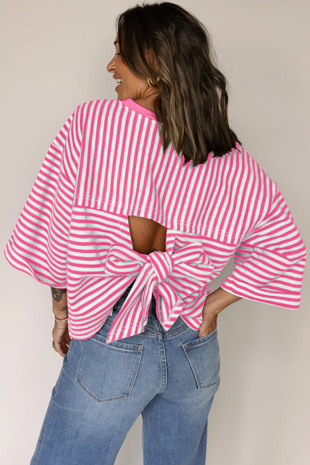 Red Stripe Bowknot Cutout Back Drop Shoulder Wide Bracelet Sleeve Loose Tee - loveforevers